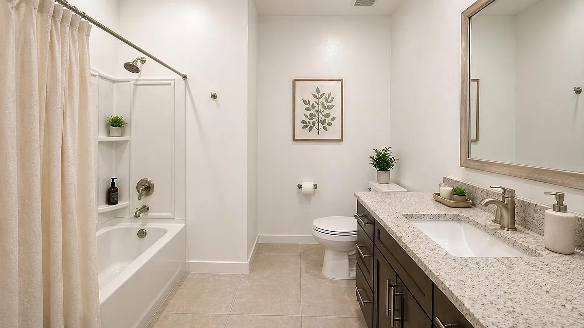 Full bathroom with tub/shower combo, tile flooring, and a long vanity with stone countertop and large framed mirror. - E Marlin Dr