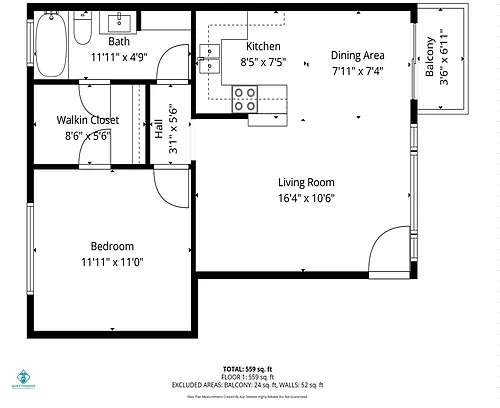 Floor plan 1 Bed 1 Bath w/ walk-in closet & balcony