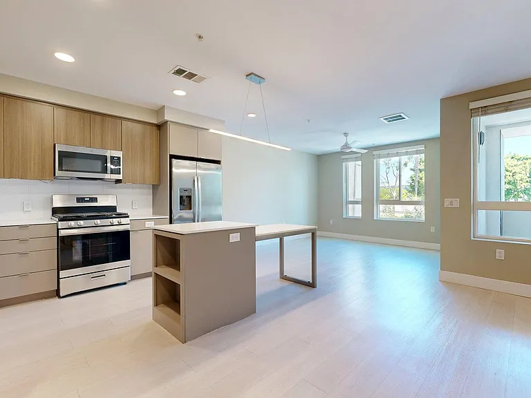 Apartment Kitchen with Stainless Steel Appliances, Dining and Living Room with Wood-Style Flooring.