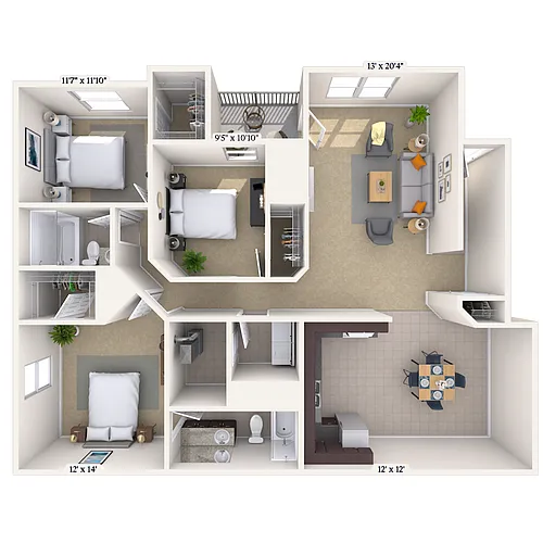 Floor plan 3BR 2BA (1400 SF)