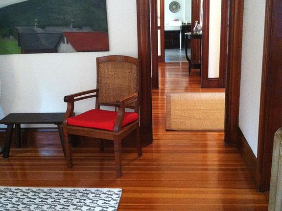 view from livingroom through to kitchen/ all original expose