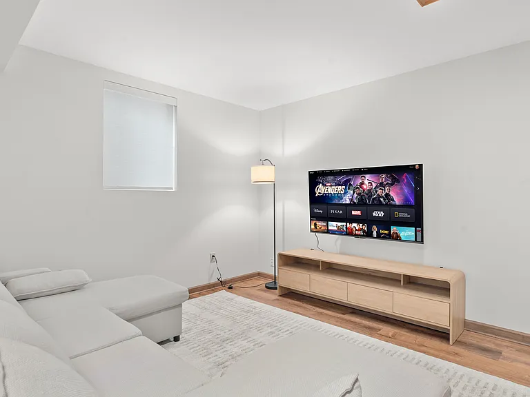 Flexible basement bedroom/lounge with a convertible sofa for comfortable seating or sleeping with pool table.