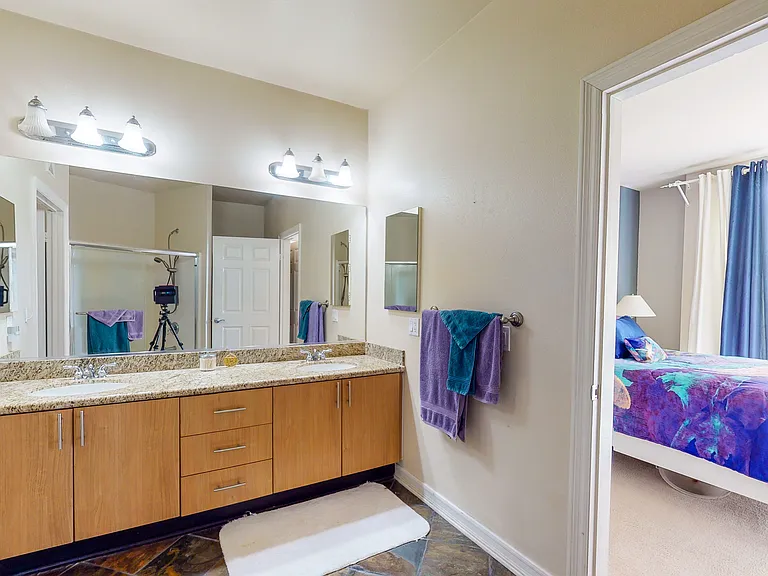 View from bath tub of the vanity and main bedroom