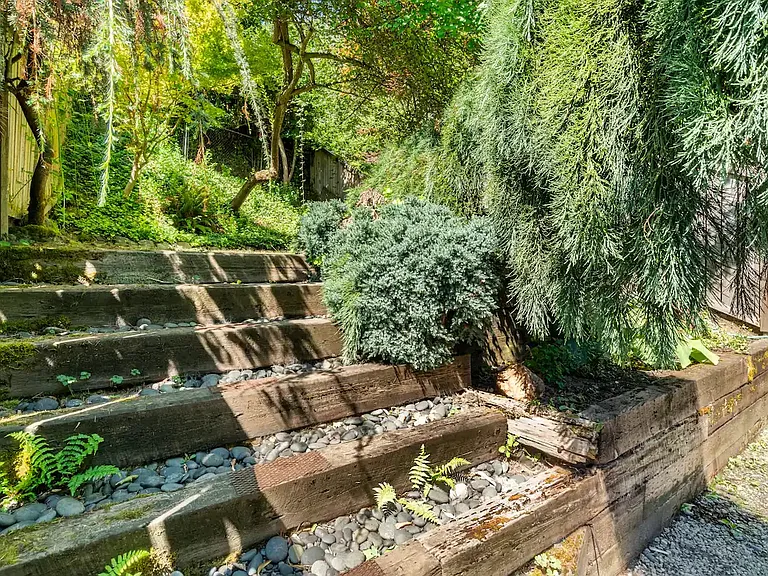 Walk up the stairs to the grassy area with a plum tree and walking path