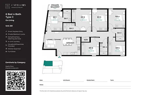 Floor plan Private Bedroom in Shared 6 Bed 4 Bath - C