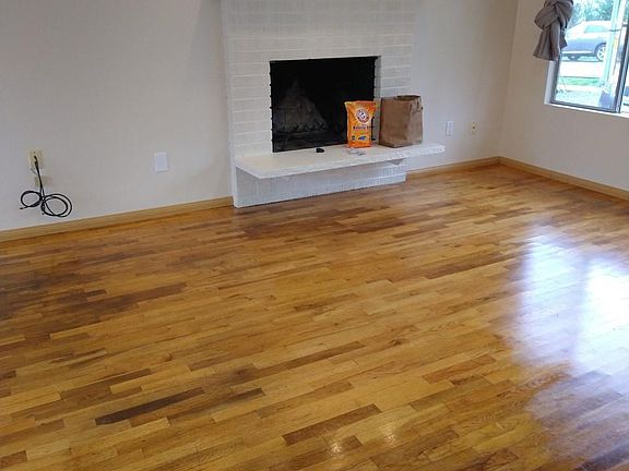 Living room with wood burning fireplace