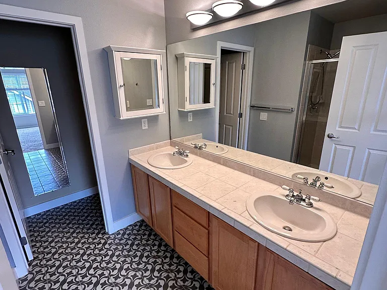 Master bathroom with two sinks, shower, and toilet