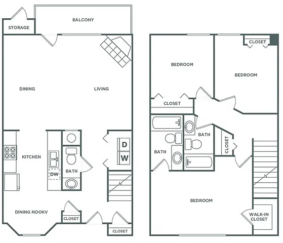Floor plan Three Bedroom Two and 1/2 Bath Townhome (1,390 SF)