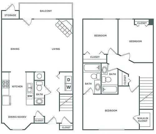 Floor plan Three Bedroom Two and 1/2 Bath Townhome (1,390 SF)