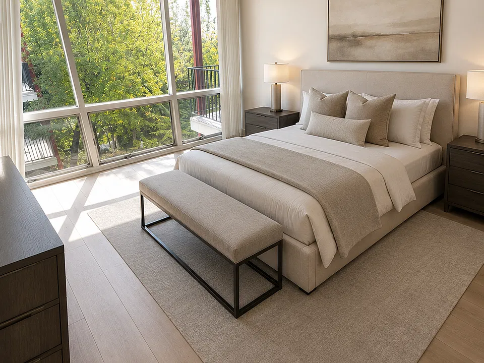 Unit #317 spacious and serene bedroom overlooking the beautiful trees!