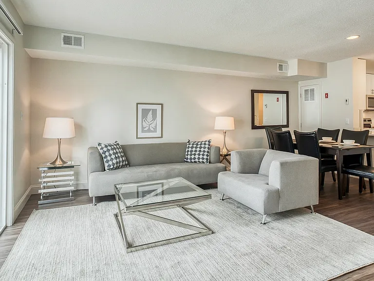 Renovated living rooms with wood plank flooring