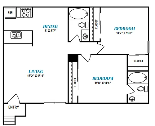 Floor plan B1 Two Bed, Two Bath
