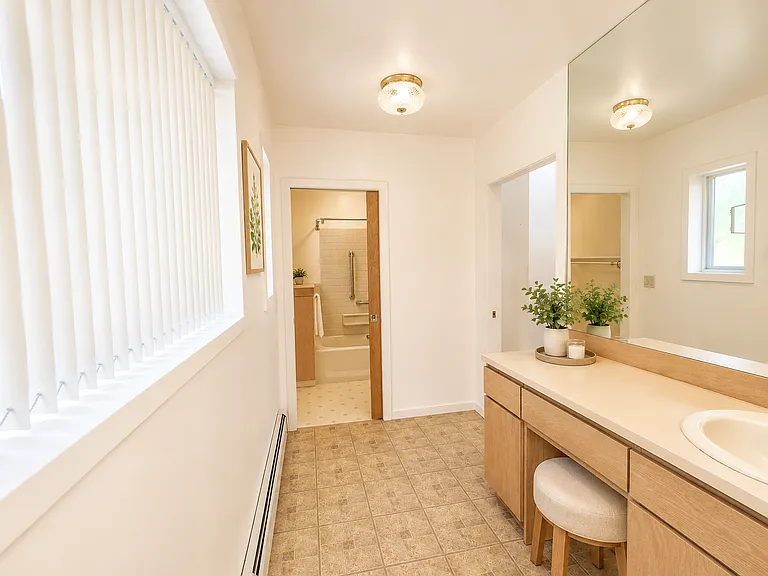 View of vanity into bathing/toilet room. Virtually staged.