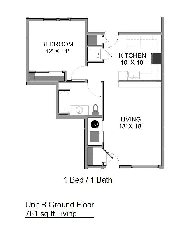 Floor plan Unit B - 1 Bedroom 1 Bathroom