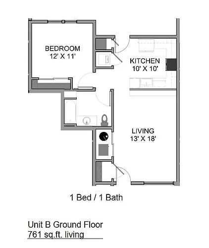 Floor plan Unit B - 1 Bedroom 1 Bathroom