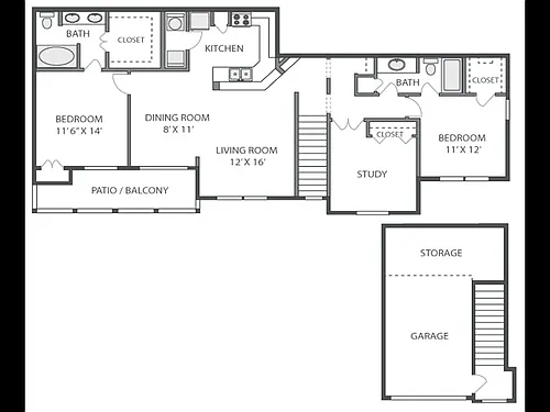 Floor plan 3 Bed, 2 Bath B with Garage