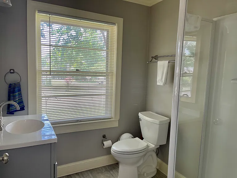Newer bath with powerful corner shower and vanity.