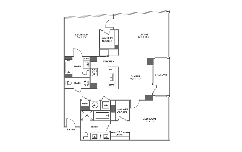 Floor plan Two Bedroom Two and a Half Bath (1,252 SF)