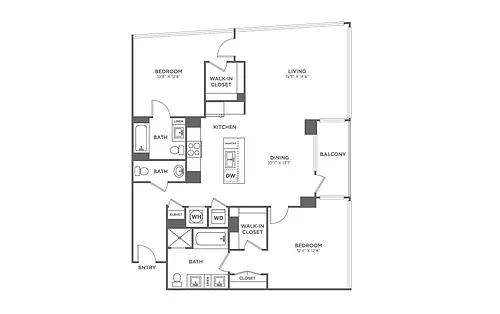 Floor plan Two Bedroom Two and a Half Bath (1,252 SF)
