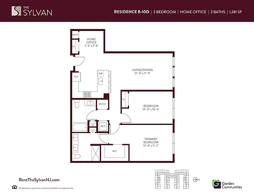 Floor plan Two Bedroom Apartment with Home Office B-10D