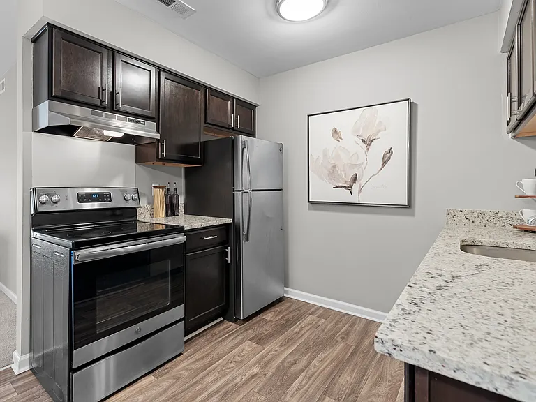 Spacious Kitchen with stainless steel appliances and dark cabinets at Lakeside Village Apartments Clinton Township, MI