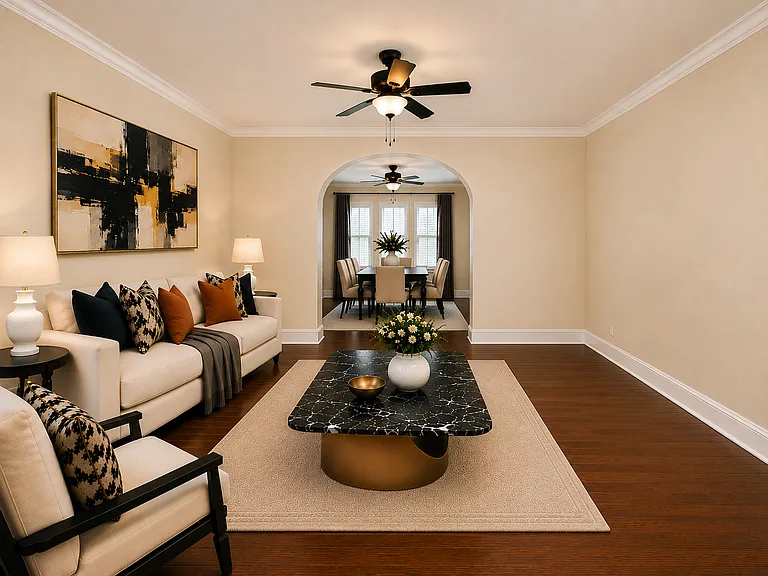 Elegant Living and Dining Room Space with Warm Neutrals.