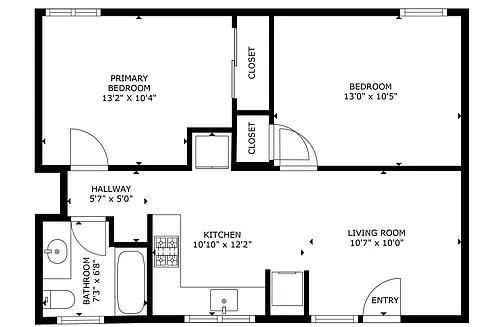 Floor plan 2 Bed 1 Bath With Patio
