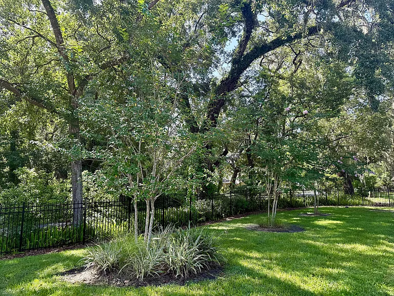 Enchanting backyard view featuring lush green grass, vibrant trees, and a charming iron fence, offering a serene oasis.