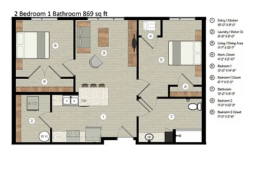 Floor plan 2 bed 1 bath 60 Percent AMI