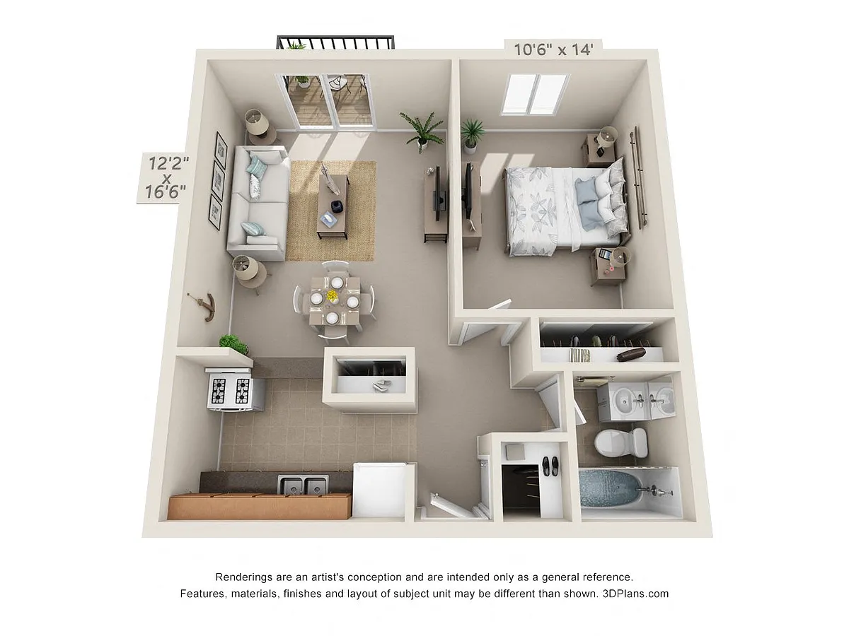 Floor plan 1 Bedroom, 1 Bath 543 A (Balcony)