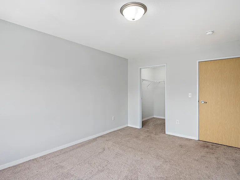 Bright and spacious room with plush carpeting, modern light fixture, and a roomy walk-in closet. Bright and spacious room with plush carpeting, modern light fixture, and a roomy walk-in closet.
