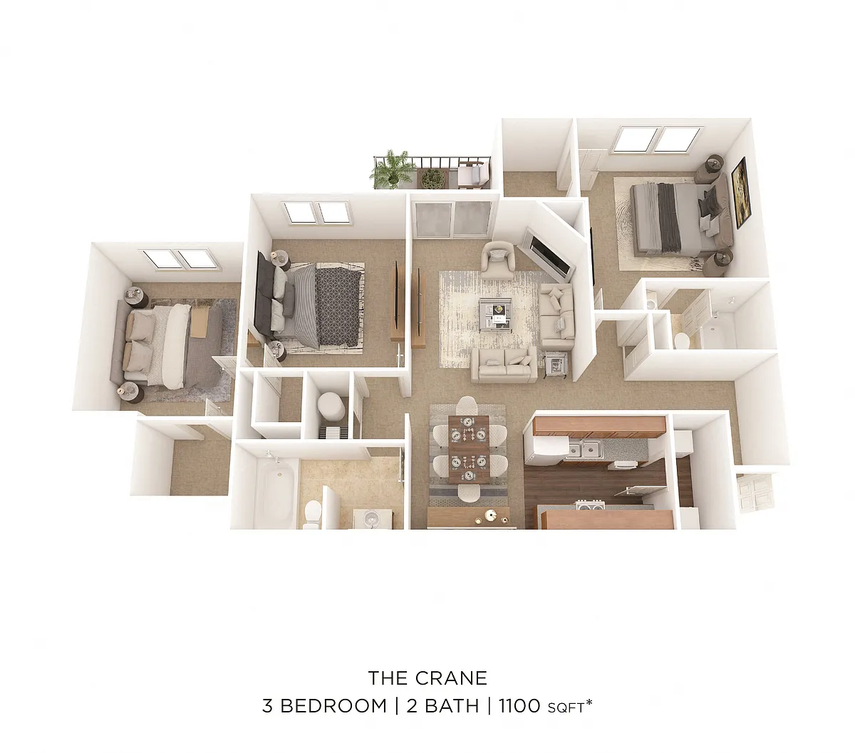 Floor plan Three Bedroom 2 Bath- 1110 sqft