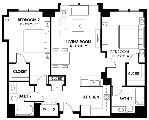 Floor plan 2 Bed/ 2 Bath Den - B1