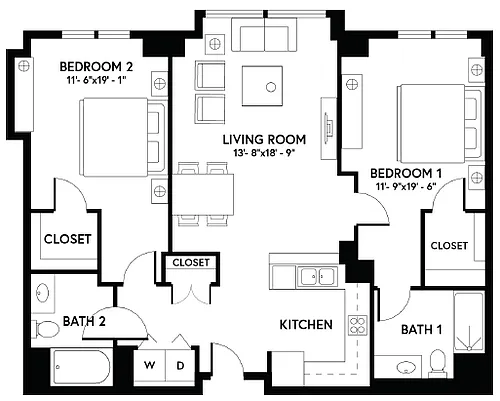 Floor plan 2 Bed/2 Bath - B1 AFF Income Restricted