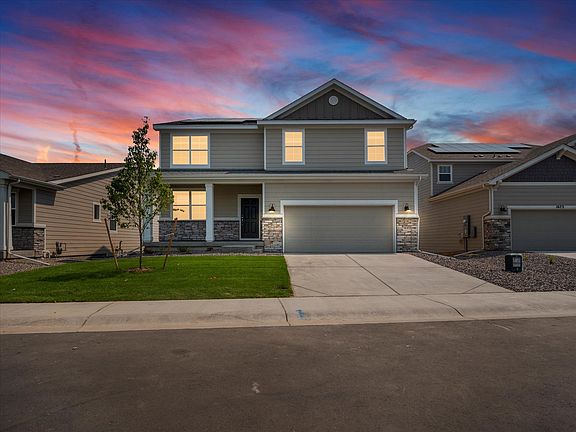 Evergreen floorplan exterior image taken at a Meritage Homes community in Windsor, CO.