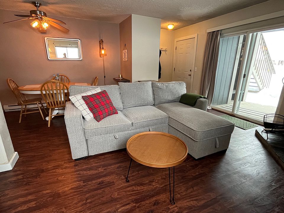 Living room with pull-out sofa and dining nook.