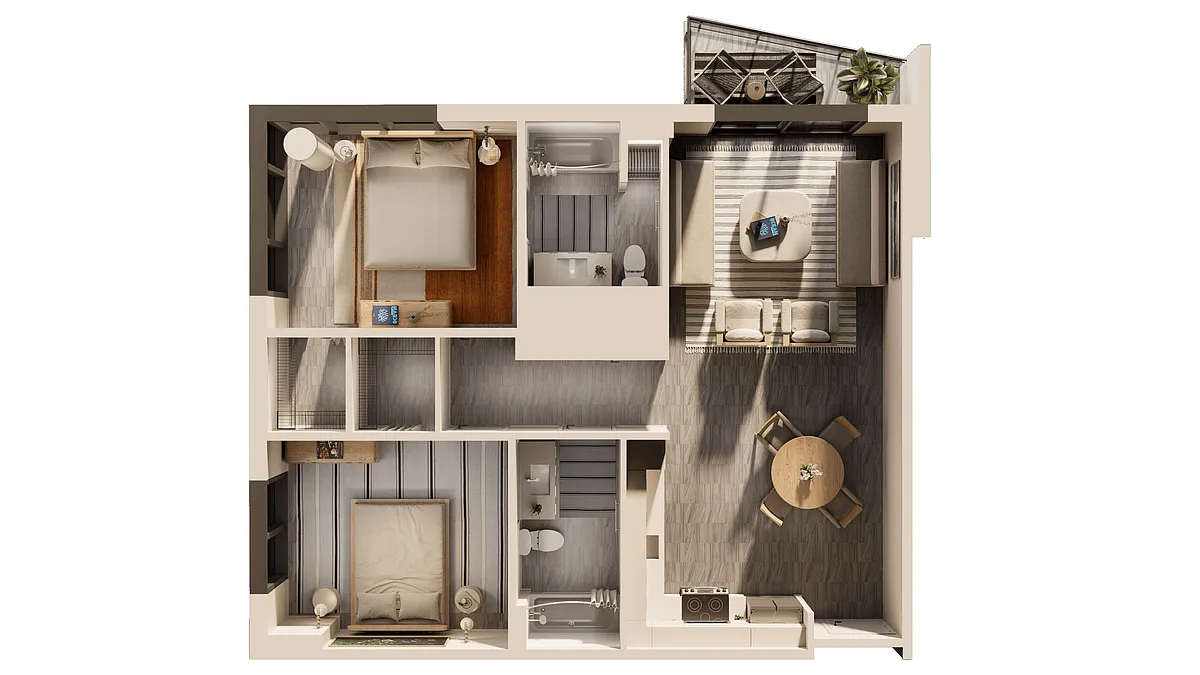 Floor plan East 2 BR Balcony Corner Sunset
