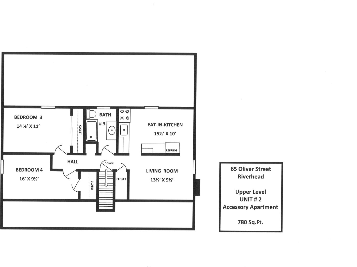  FLOOR PLAN - Upper Level Unit #2 - Legal Accessory Apartment - 780 Sq.Ft.