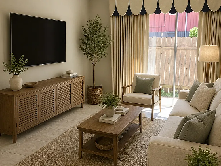 Bright, inviting living room with abundant natural light, neutral finishes, and plenty of space to relax or entertain. (Some photos have been virtually staged to help illustrate furniture placement and room functionality. The home is rented unfurnished.)