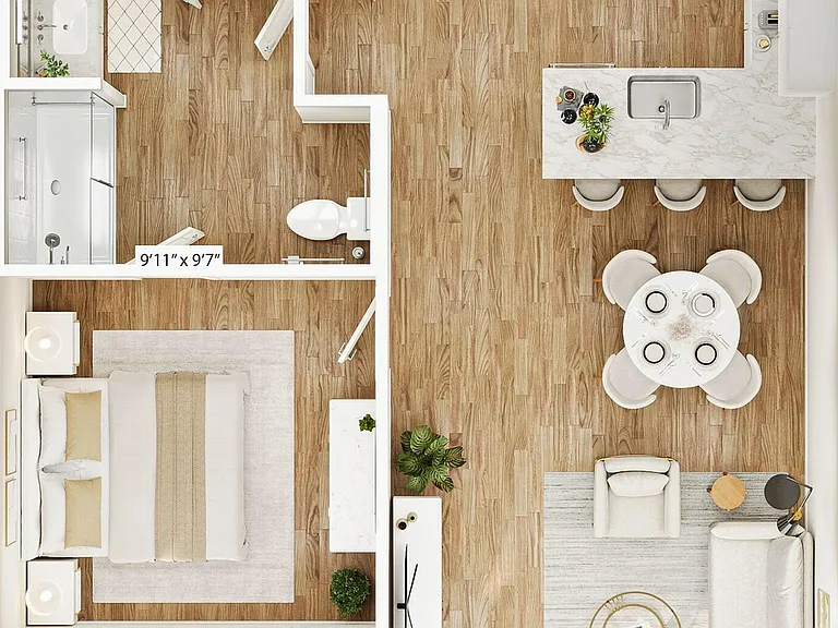 Explore this cozy apartment design with a spacious living area and modern kitchen layout. Explore this cozy apartment design with a spacious living area and modern kitchen layout.