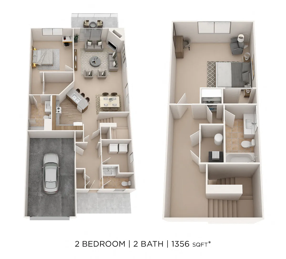 Floor plan Two Bedroom 2.5 Bath Townhome - 1,356 sqft