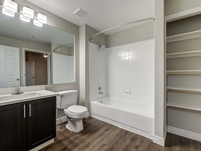 Modern bathroom with sleek vanity, elegant lighting, spacious bathtub, and built-in shelving.