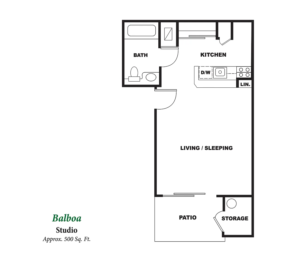 Balboa - Studio large living area as well as a large kitchen area. Bathroom is a standard 1x1 size - Sand Castle Apartments