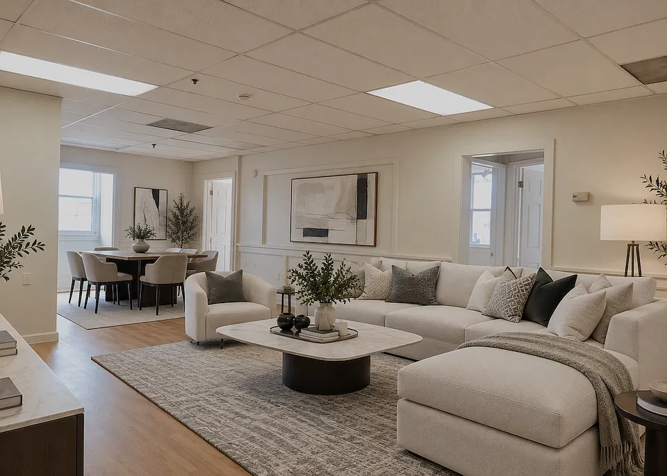 VIRTUAL PICTURE TO SHOW HOW ROOM CAN BE FURNISHED: Generous central living space with room to create separate dining and living areas, conveniently positioned between the three bedrooms, bathroom, and kitchen.