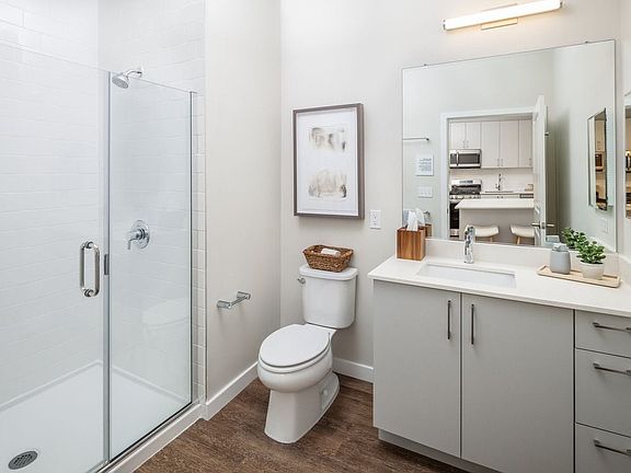 Finish Scheme II bath with white quartz countertop, light grey cabinetry, and hard-surface flooring (representative photo)