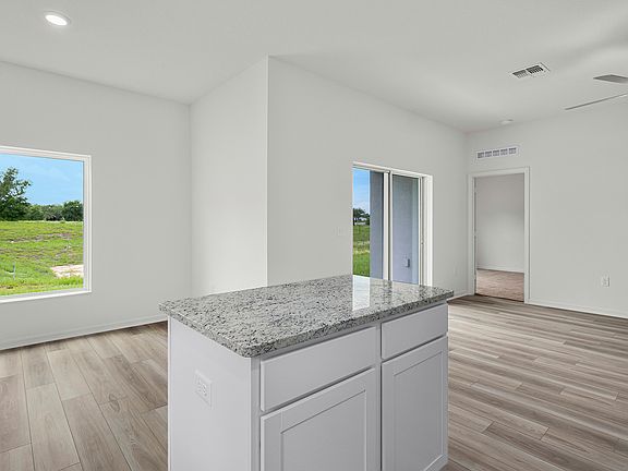 The kitchen island overlooks the dining room and family room