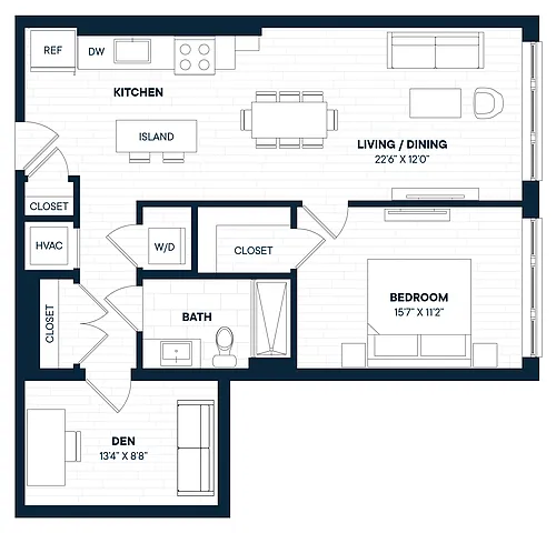 Floor plan 1 Bed 1 Bath Den-A1D