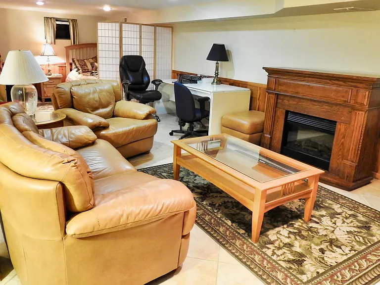 View of open space structure showing electric fireplace.