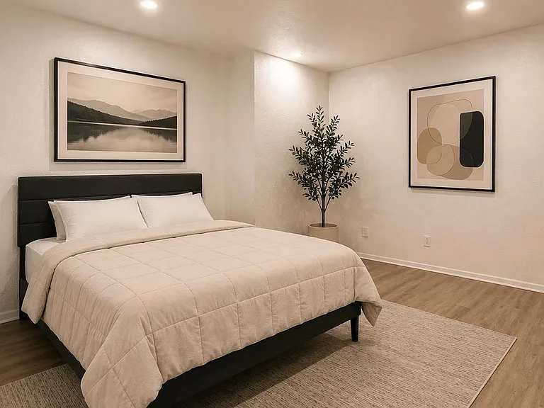 Spacious bedroom with a comfortable bed setup, wide open floor area, and recessed lighting over wood-style floors.