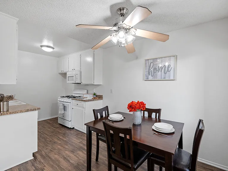 Spacious kitchen with gas range and microwave